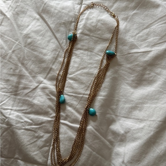 Gold Tone Multi Chain Necklace with Turquoise Teardrop Stones - Picture 7 of 7